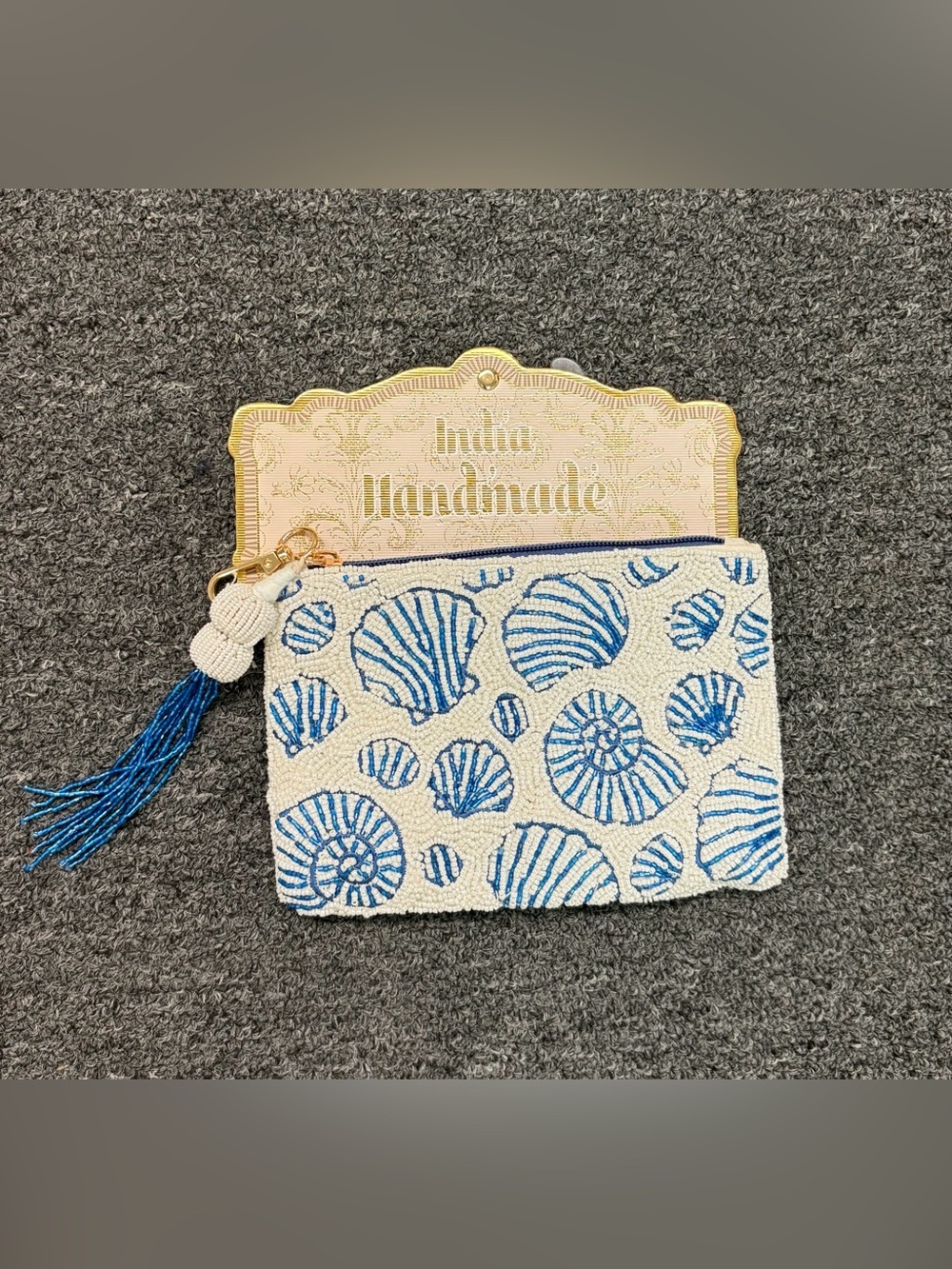 Made in India Beaded Shell Zip Pouch - White & Blue
